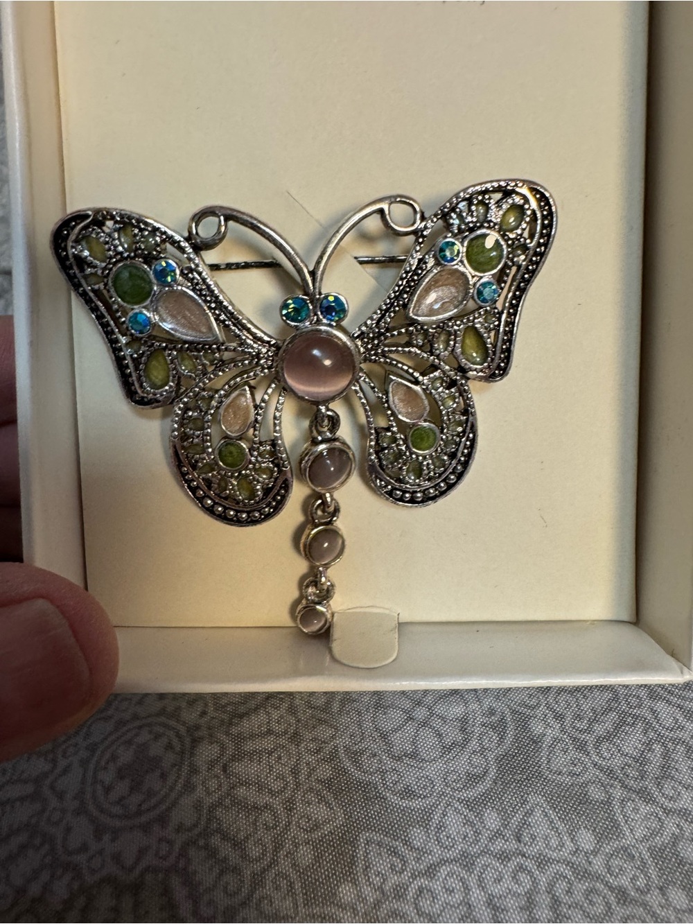 Villager Silver Butterfly Brooch with Green and Blue Accents